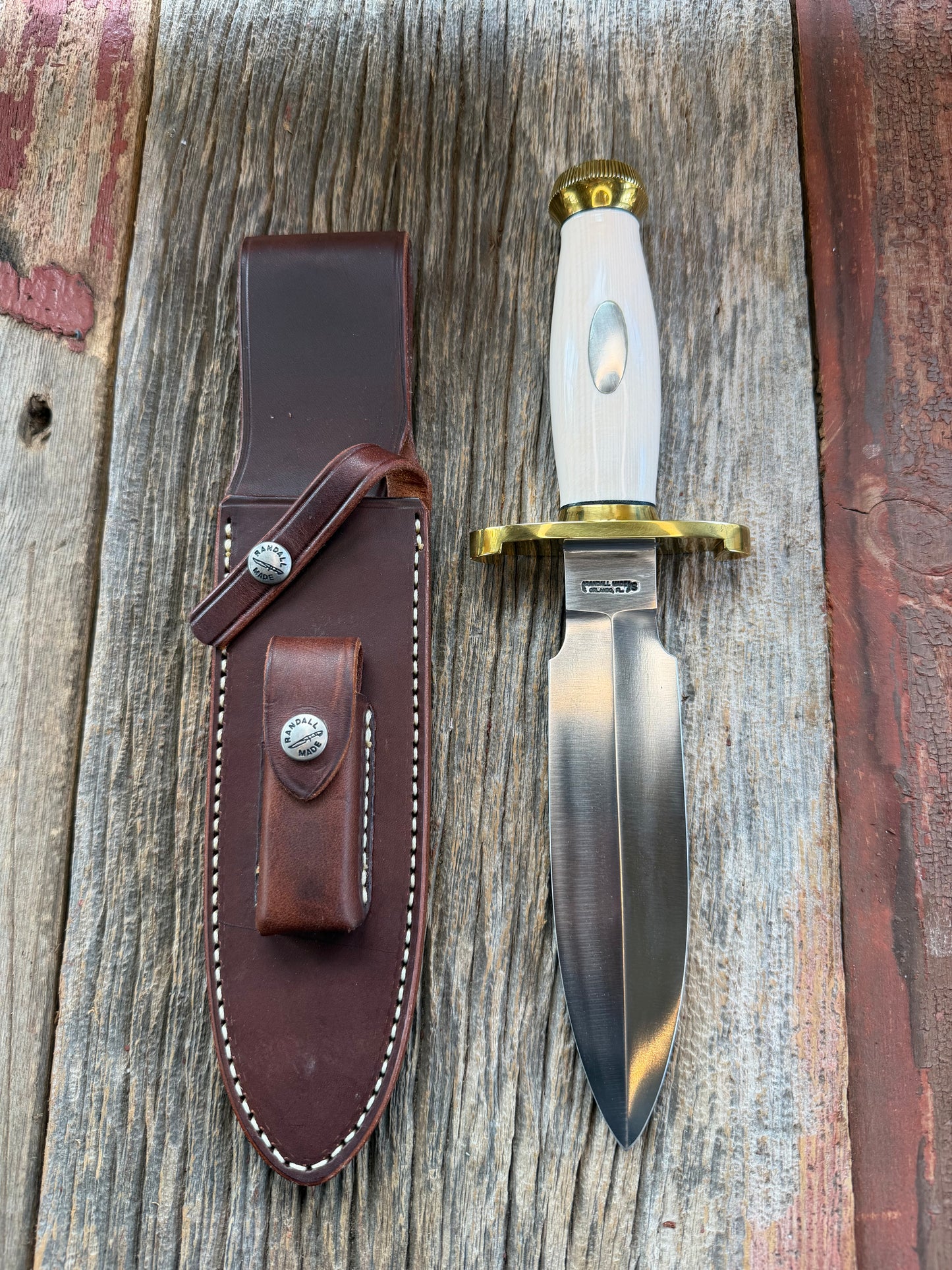 Randall Knife Clinton Special TC Brass Lugged Hilt and Collar, Stainless Steel, Resin, nameplate, scalloped brass butt cap