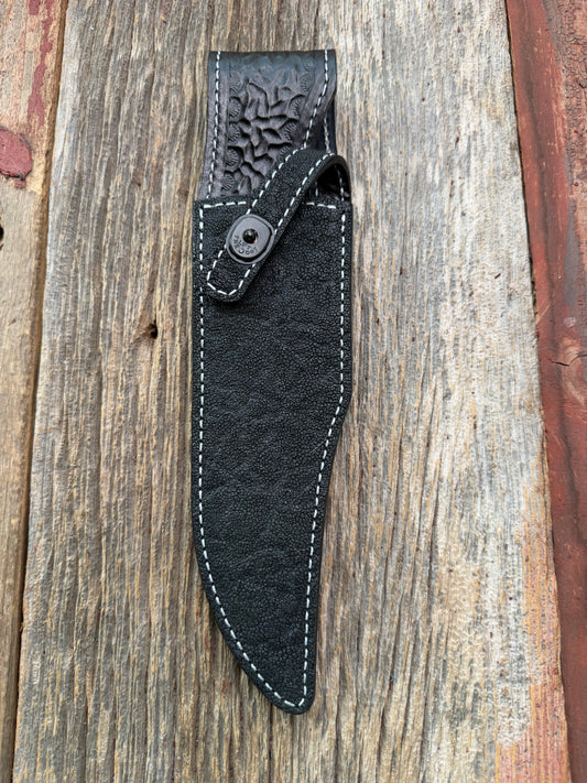 New Randall Model 12-8 Sheath in Exotic Black Matte Elephant Hide from Treeman with a Black Canteen snap. White thread deviated stitching on black leather..Killer sheath.