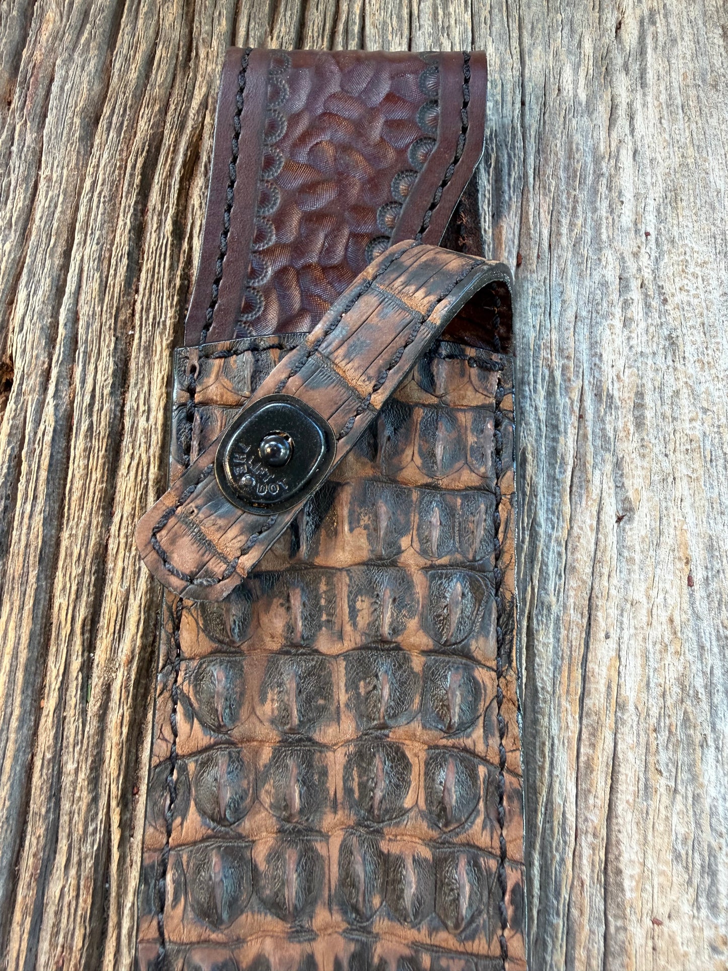 New Randall Model Clinton Special Sheath in Exotic Dark Brown Sueded Crocodile ( Hornback) from Treeman with the newest Black Canteen snap.