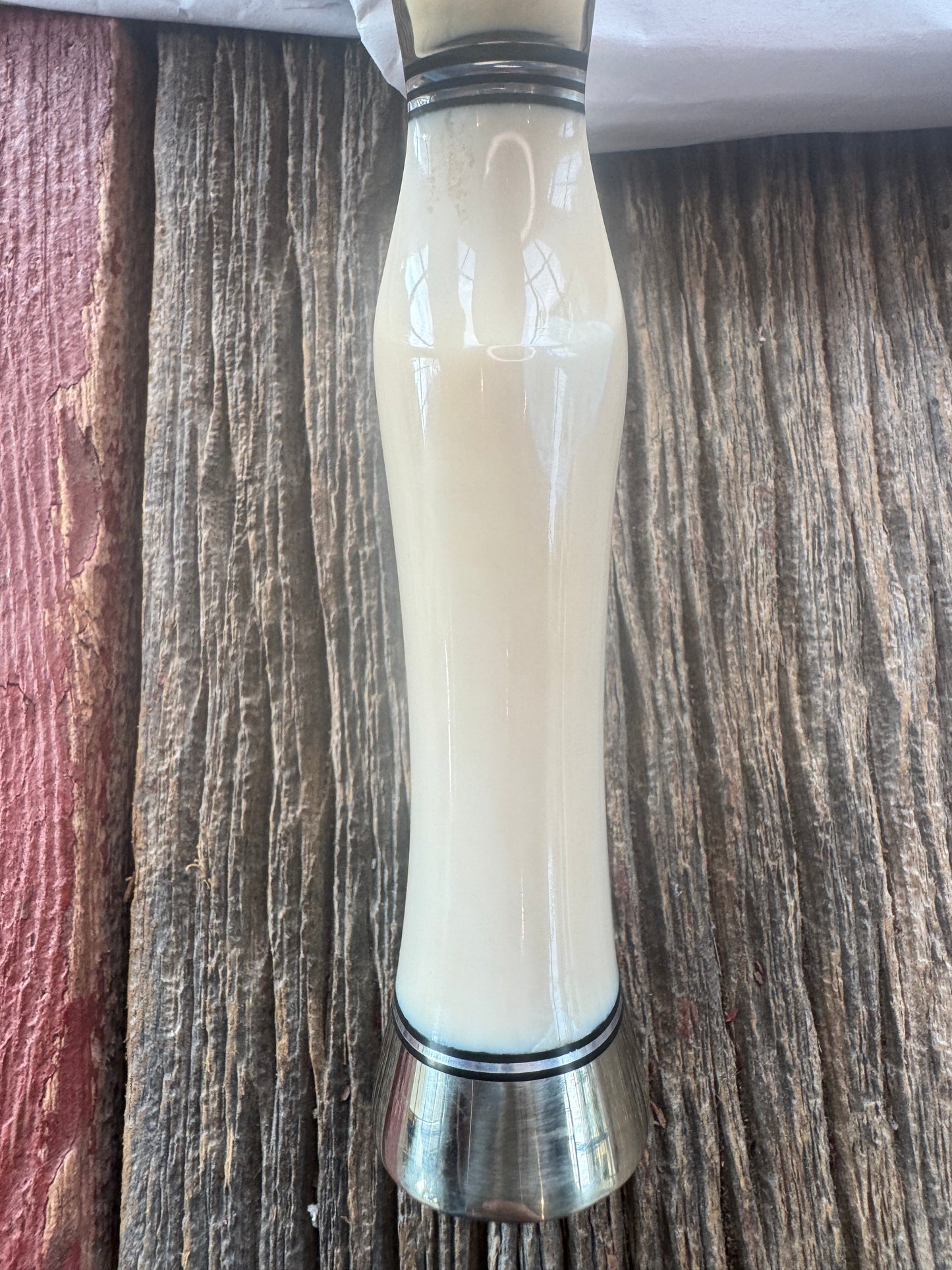 New in Paper Model 12-11 Smithsonian “Smitty” Bowie. Beautiful creamy Fossil Walrus Ivory with a single finger grip and a Nickel  Silver forward curved hilt and butt cap. Unreal Scrim opportunity!! Blank Canvas..