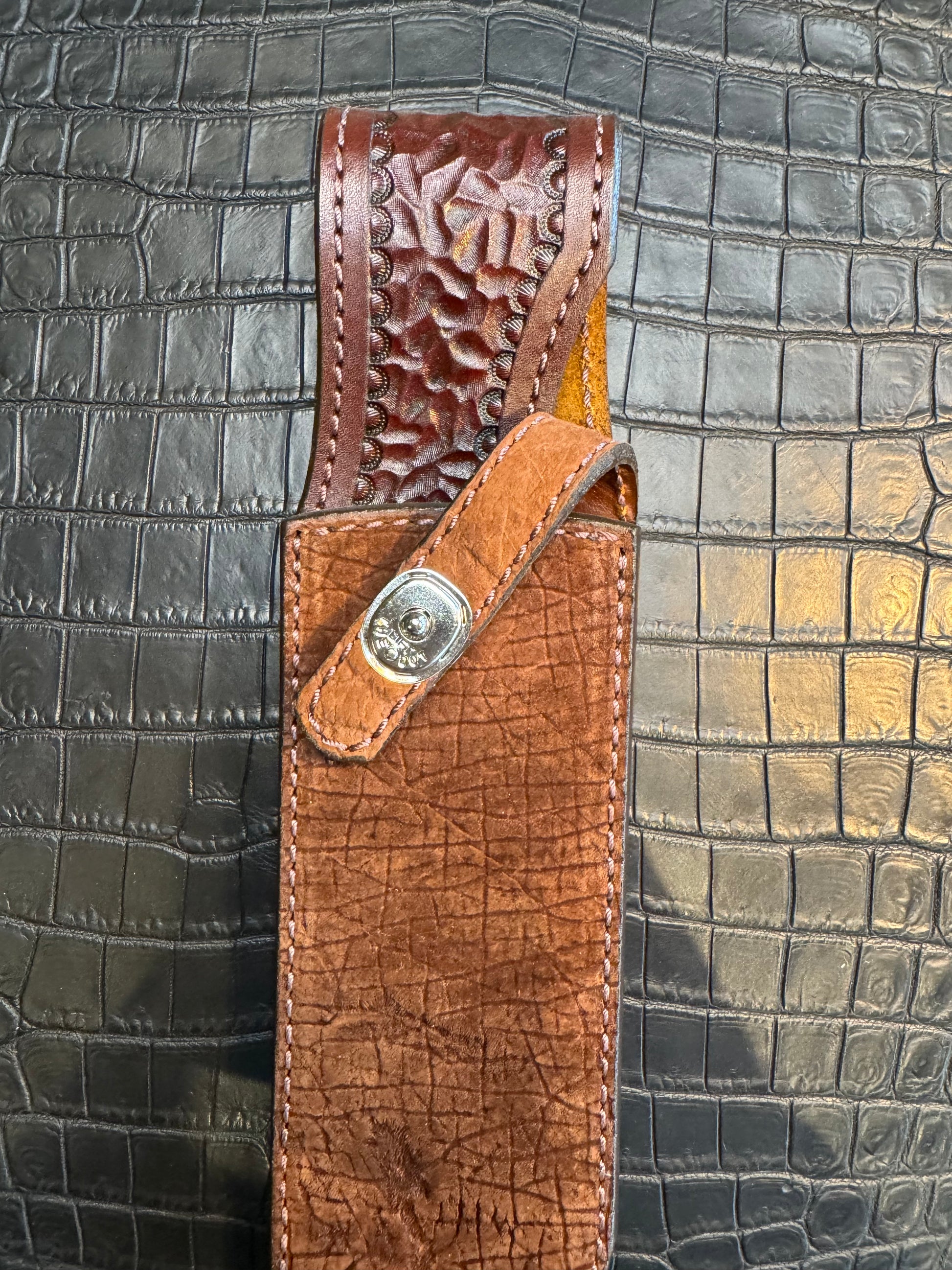 Randall Model 12-9 Bowie Clip Point in Chocolate Hippo, forward curved hilt, Canteen Snap, full brass stamping and stitching.