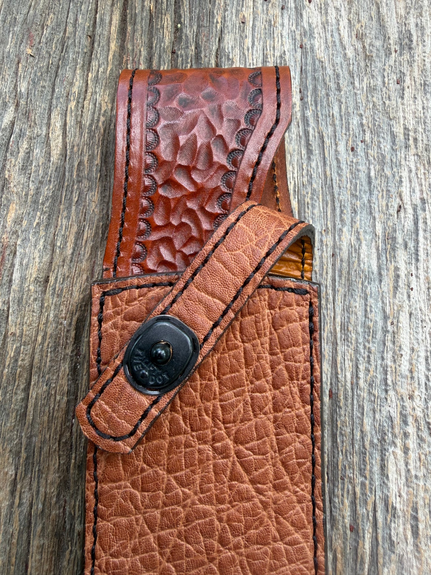 New Randall Model 12-8 Big Bear Sheath in Exotic thick and textured Rust colored Elephant hide on brown leather from Treeman with a black Canteen snap. Hand tooled belt loop. Killer sheath.