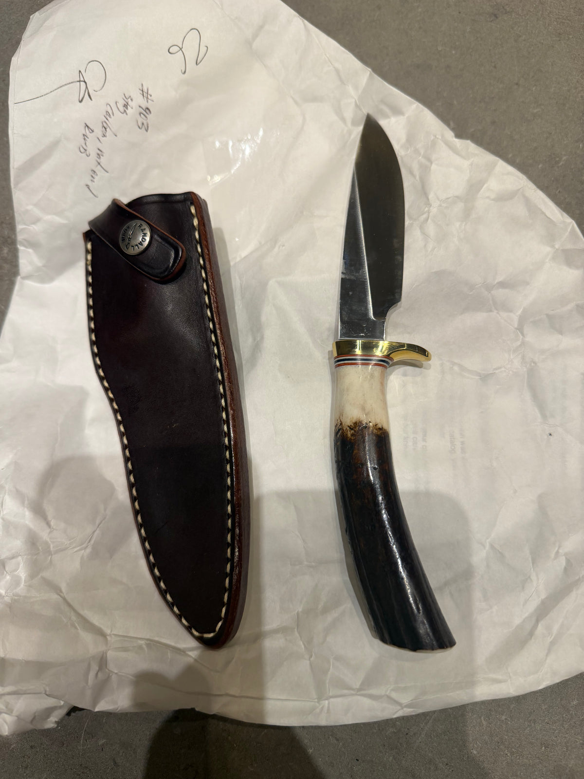 Randall Knife Model 26 Pathfinder ( new in paper) Stag, Red white and blue spacers, Lanyard, natural end.