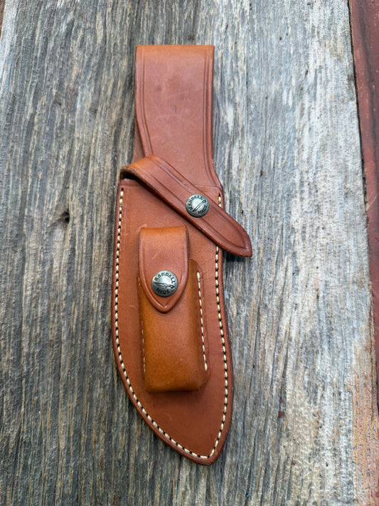Randall by Gutcher Knife Sheath for a Model Rick Bowles Special.  Randall snaps, pouch with stone. Tuff sheath.