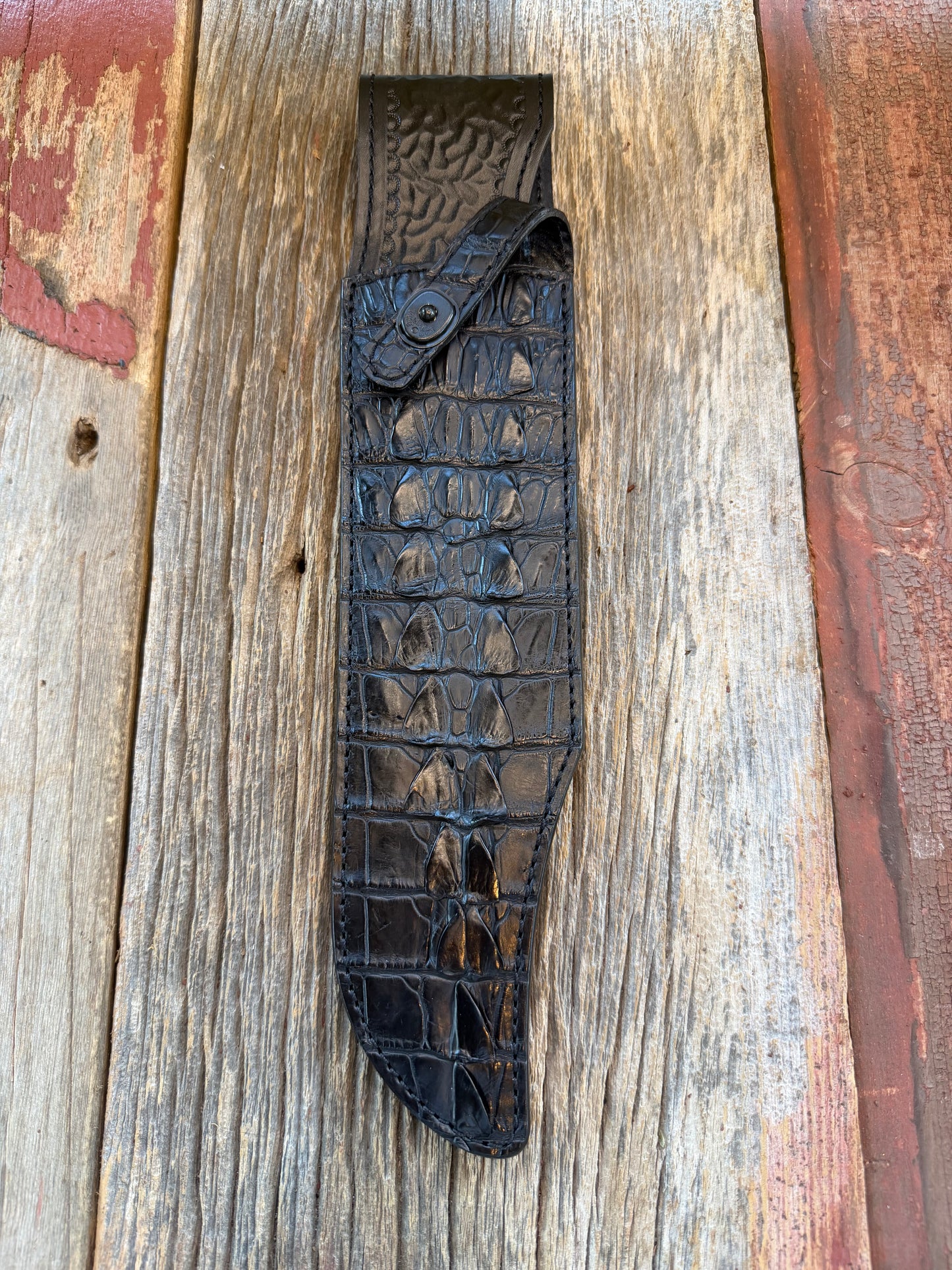 New Randall Model 12-11 Smitty Sheath in Exotic Black Crocodile tail from Treeman. Black canteen Snap .. Johnny Cash Style … All Black.