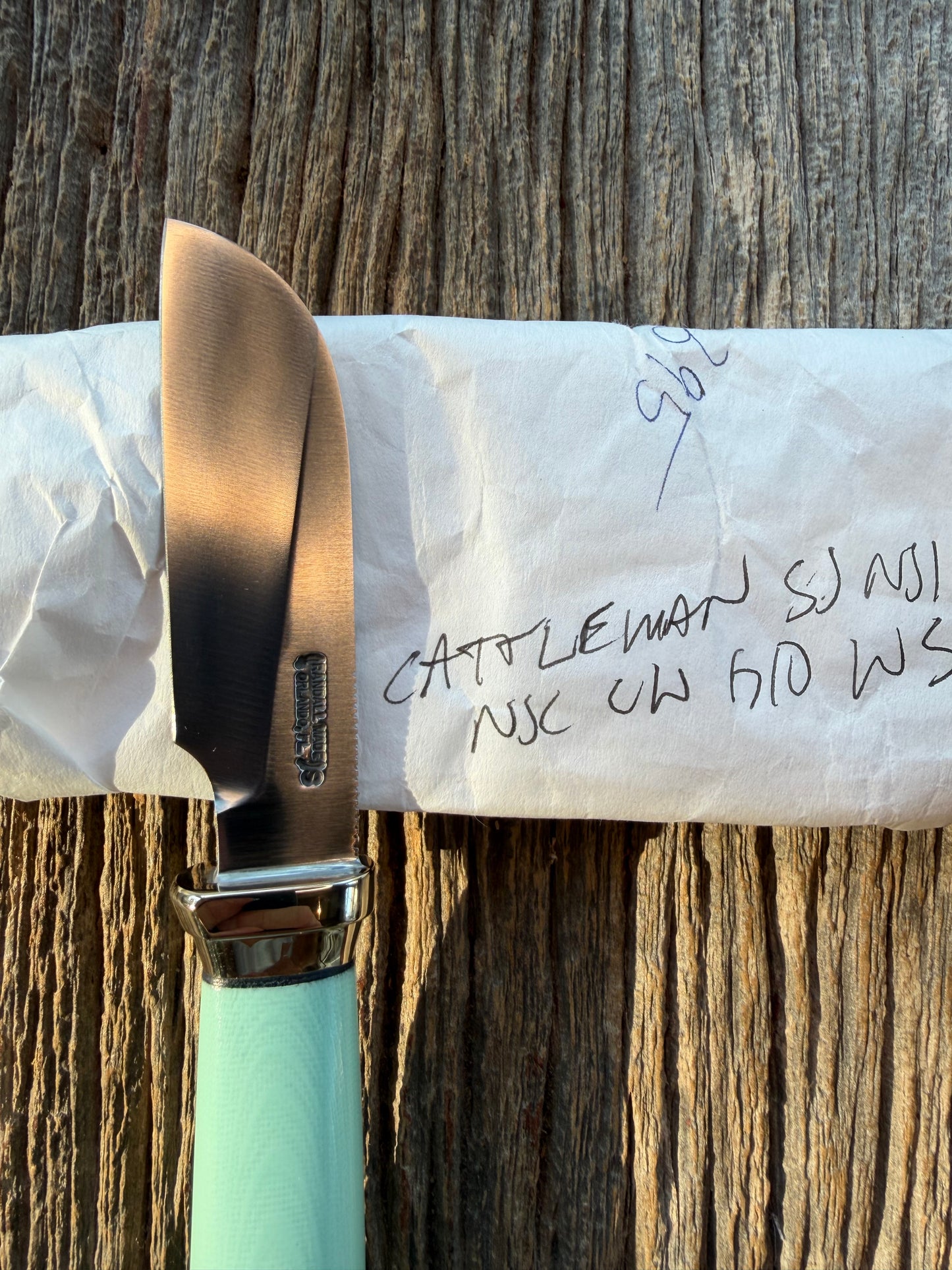 New in Paper Randall Non Catalog Model  Cattleman. G 10 Tiffany handle. Nickel Silver collar, Stainless blade.