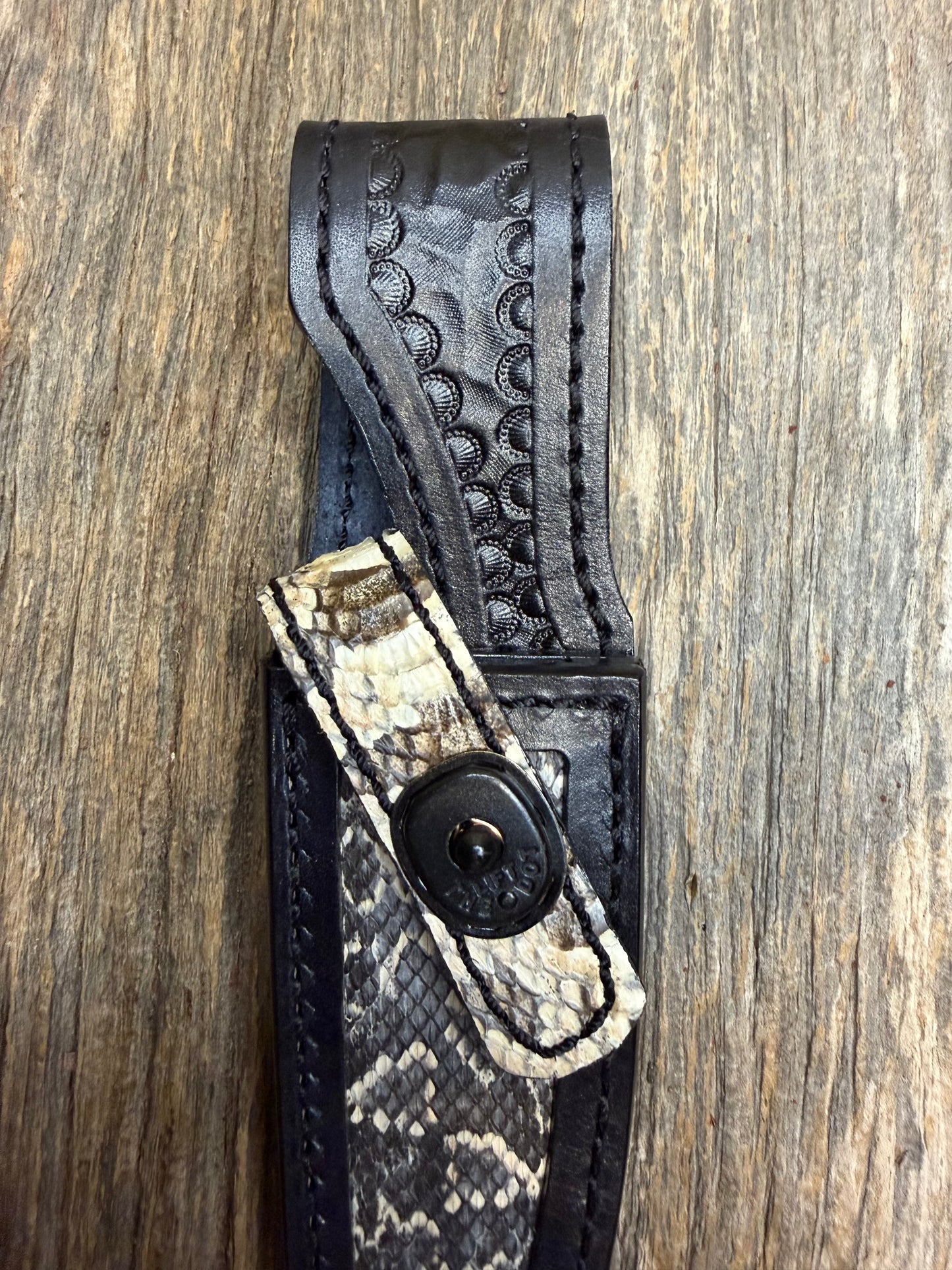 Randall Model 8-4 Sheath in Exotic Water Moccasin from Treeman Sheaths. Tremendous colors on this one.