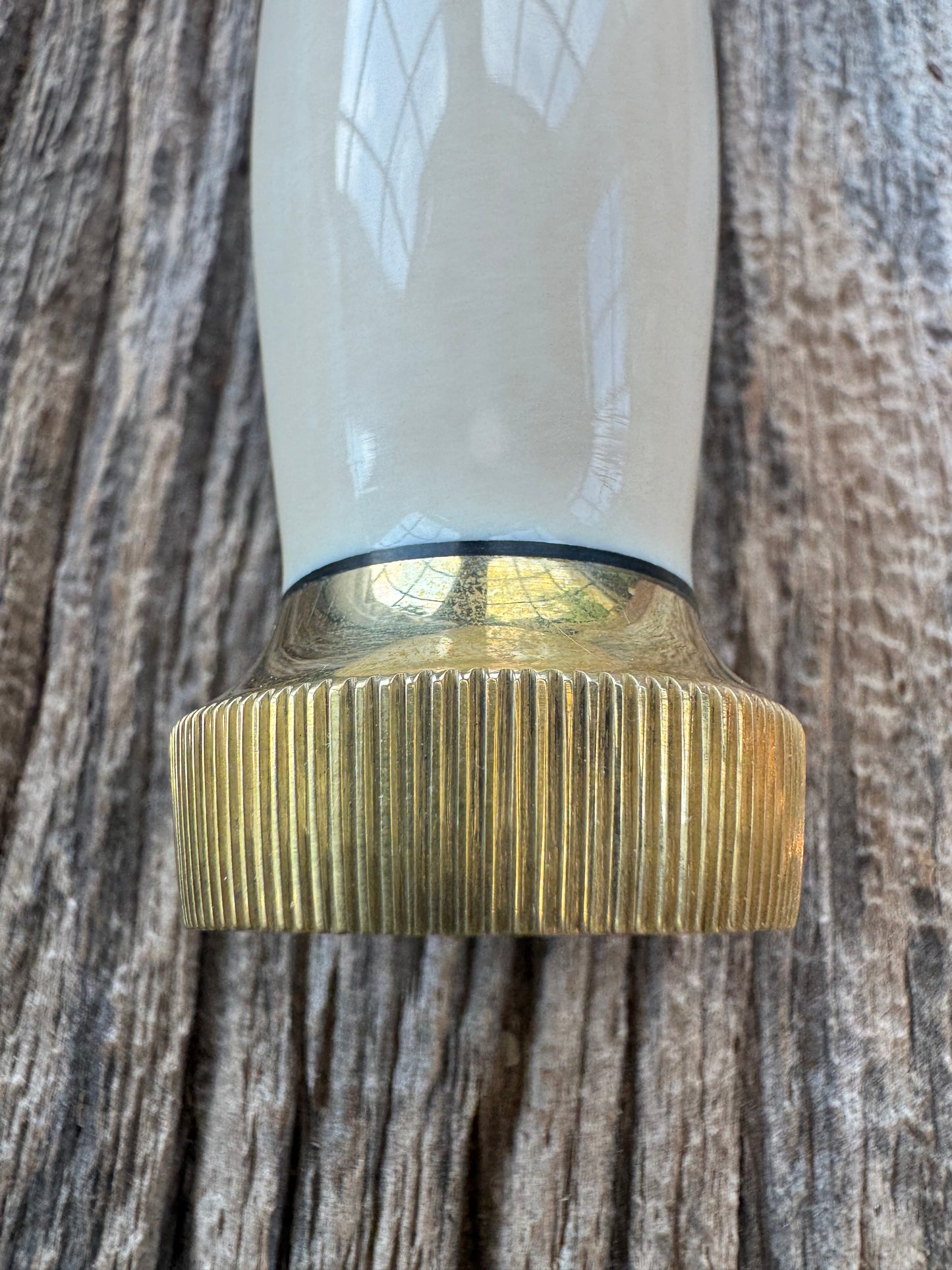 New in paper Randall Clinton Special with a nice piece of customer supplied Warthers Resin with a Stainless Steel blade, lugged Brass Hilt, brass scalloped butt cap and collar.