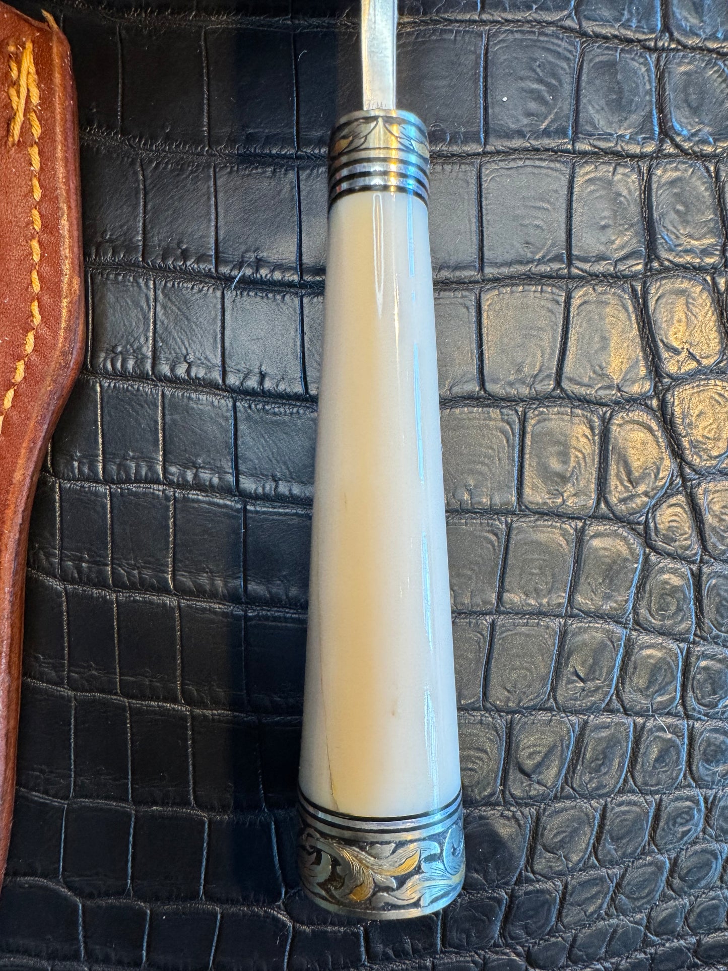 Randall Model 26 in Elephant Ivory, Gold and Silver Engraved, Nickel Silver Single Hilt and Butt cap fully engraved.