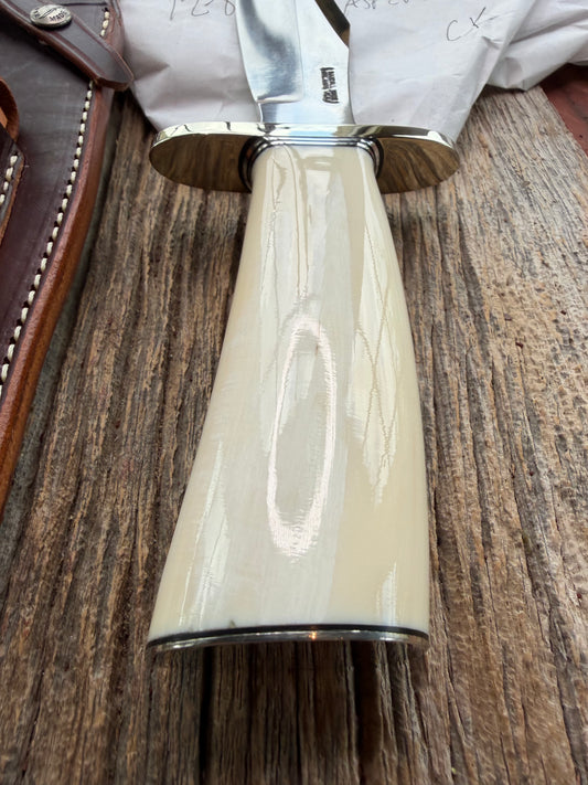 New in paper fresh from the Shop. Randall Knife Model 12-8 Big Bear. Gorgeous piece of creamy Fossil Walrus Ivory. Nickel silver hilt and plate end, Carbon  steel.
