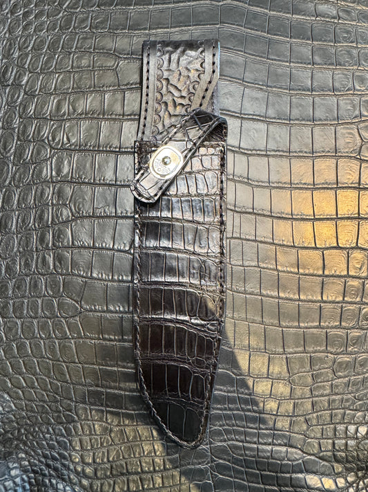 Randall Model 14 in Black Crocodile Straight hilt, Canteen Snap, full brass stamping and stitching.