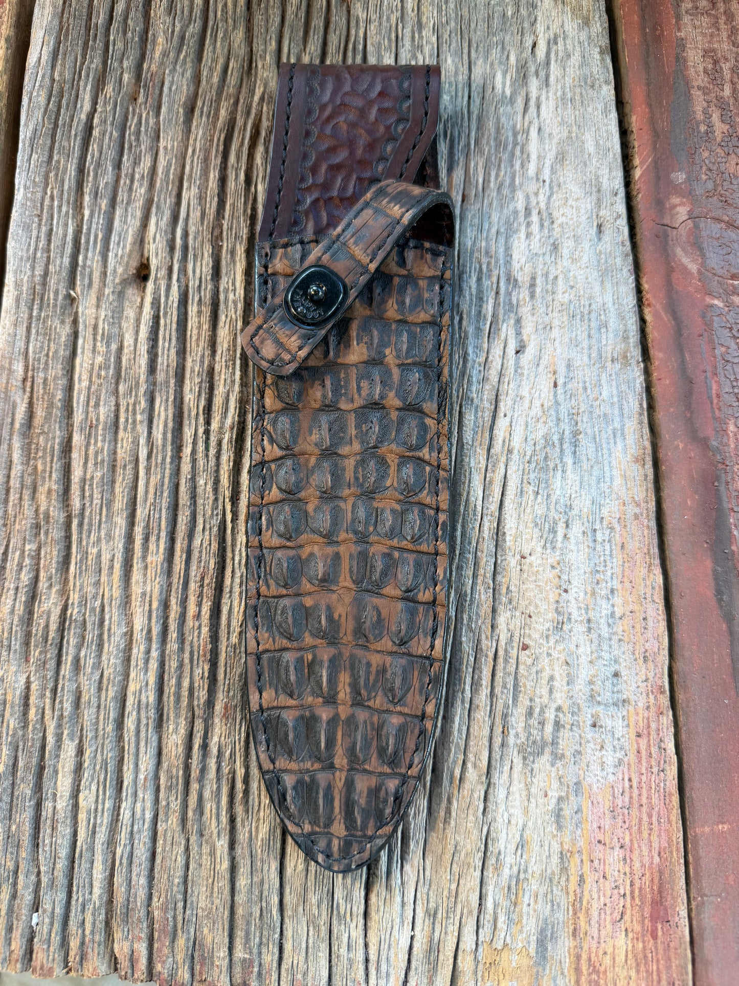 New Randall Model Clinton Special Sheath in Exotic Dark Brown Sueded Crocodile ( Hornback) from Treeman with the newest Black Canteen snap.