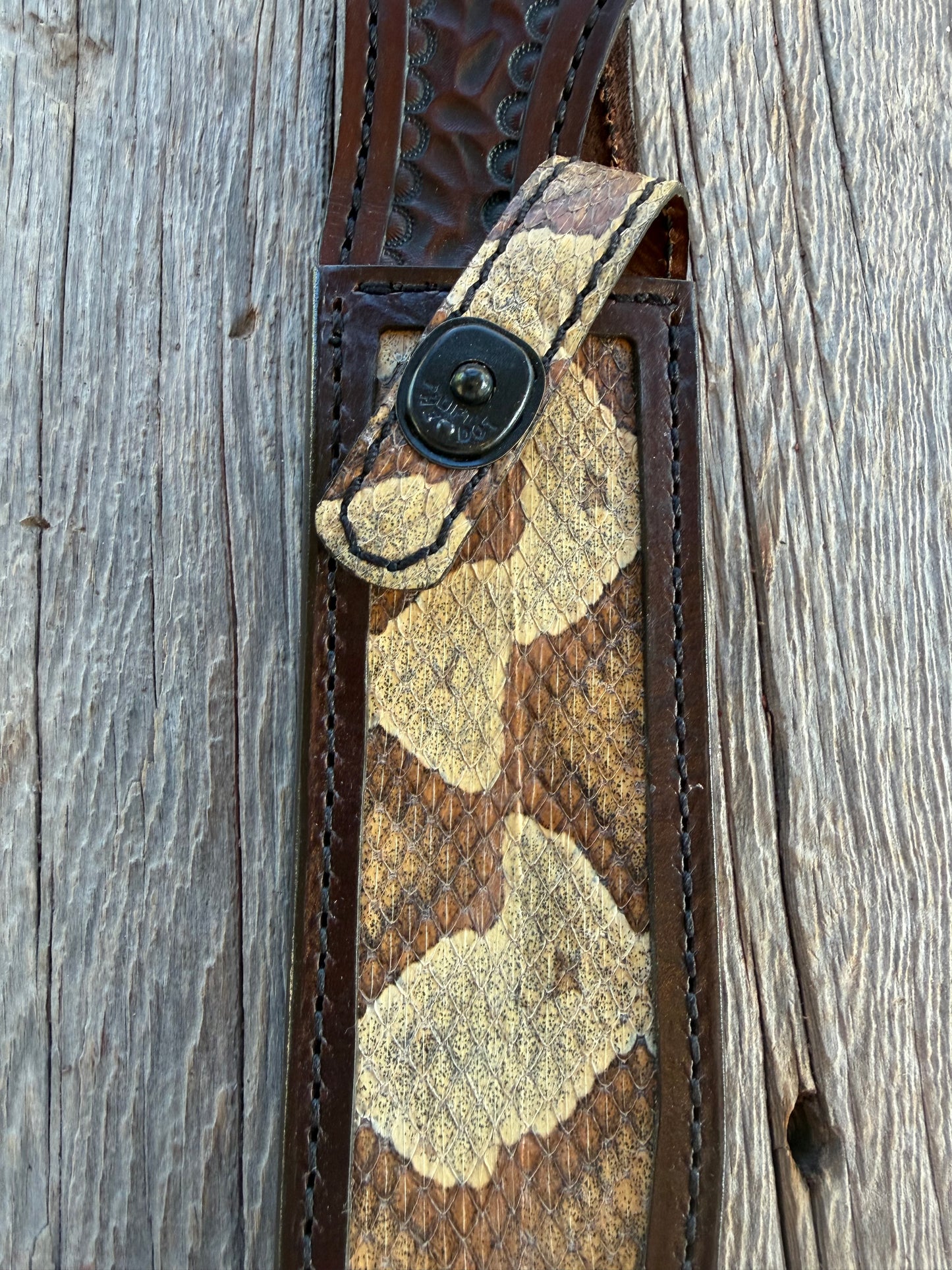 New Randall Model 1-8 Sheath in Exotic Southern Copperhead from Treeman Sheaths. Black Canteen Snap. Stunning colors and pattern. Very rare skin.