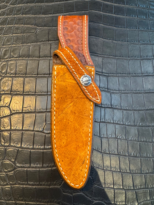 New Randall for a 5 Inch Blade straight Sheath in Exotic Tan/Gold Hippo Custom Made at Sullivan’s by Gutcher.