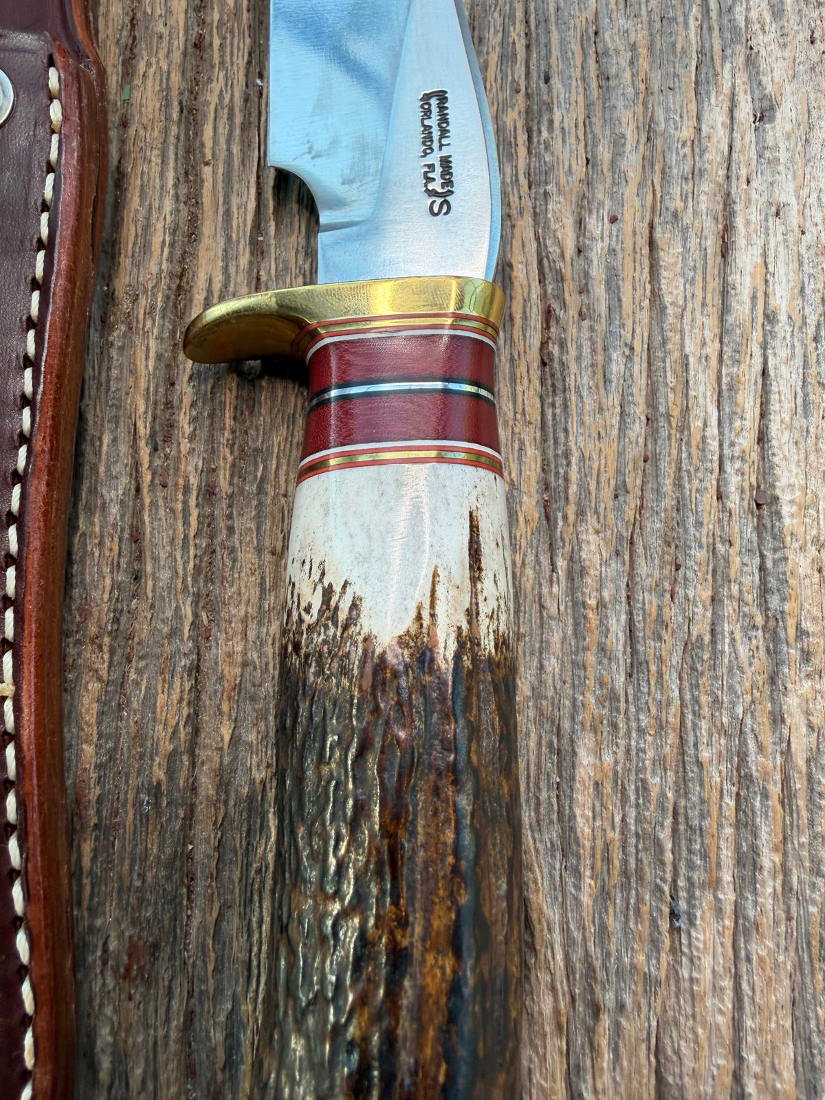 New Randall Made Knife Model 27-5 with a Stag handle, Stainless, brass single Hilt, red and aluminum spacers, loaded!!