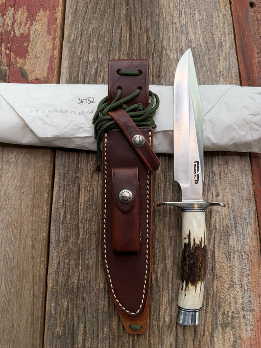 New in Paper Randall Made Knife Model 1-7 Stag , Stainless, Black and Aluminum spacers, Nickel Silver Hilt, Aluminum butt cap.
