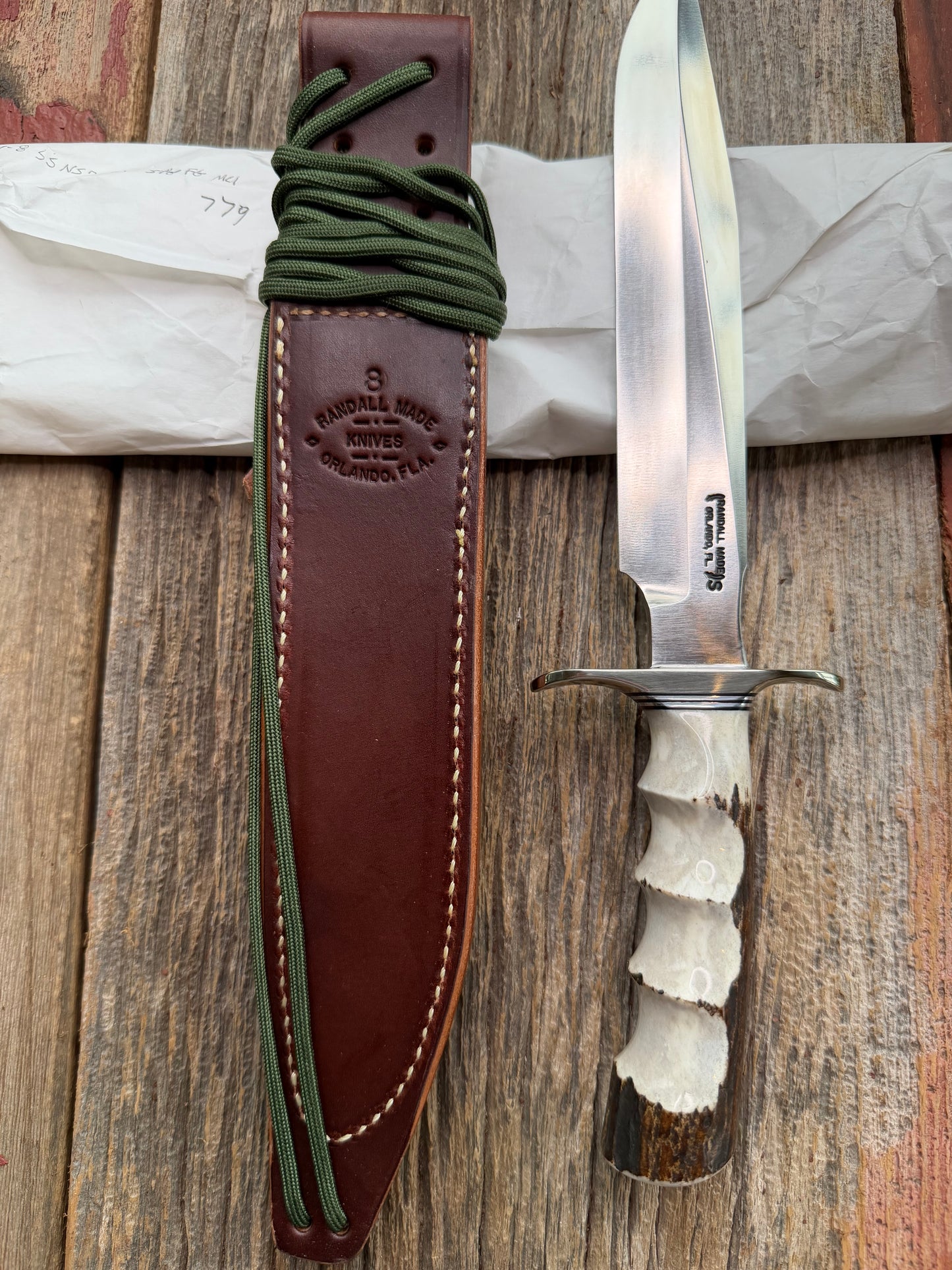 New in Paper Randall Made Knife Model 1-8 Stag with finger grooves handle, Stainless, Nickel silver Hilt, black and aluminum spacers, loaded!!