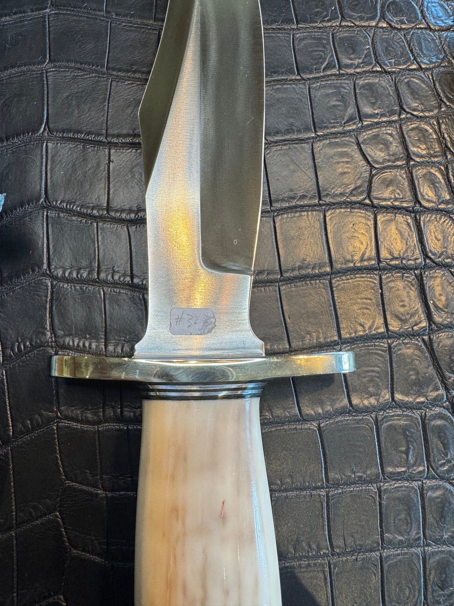 Randall Model 12-8 Big Bear in a gorgeous piece of Creamy Fossil Walrus Ivory. Nickel Silver Hilt and a natural exposed end.