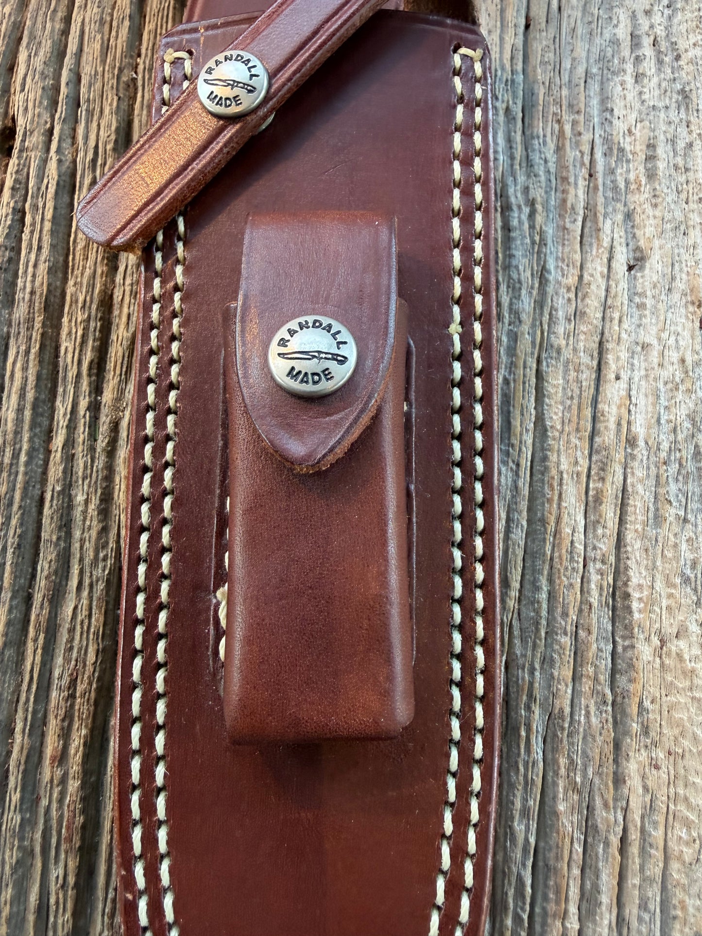 Mint Randall by Gutcher Knife Sheath for a Model 14 or 18-7.5, Randall snaps, double stitched, pouch with stone, lanyards straps as well.