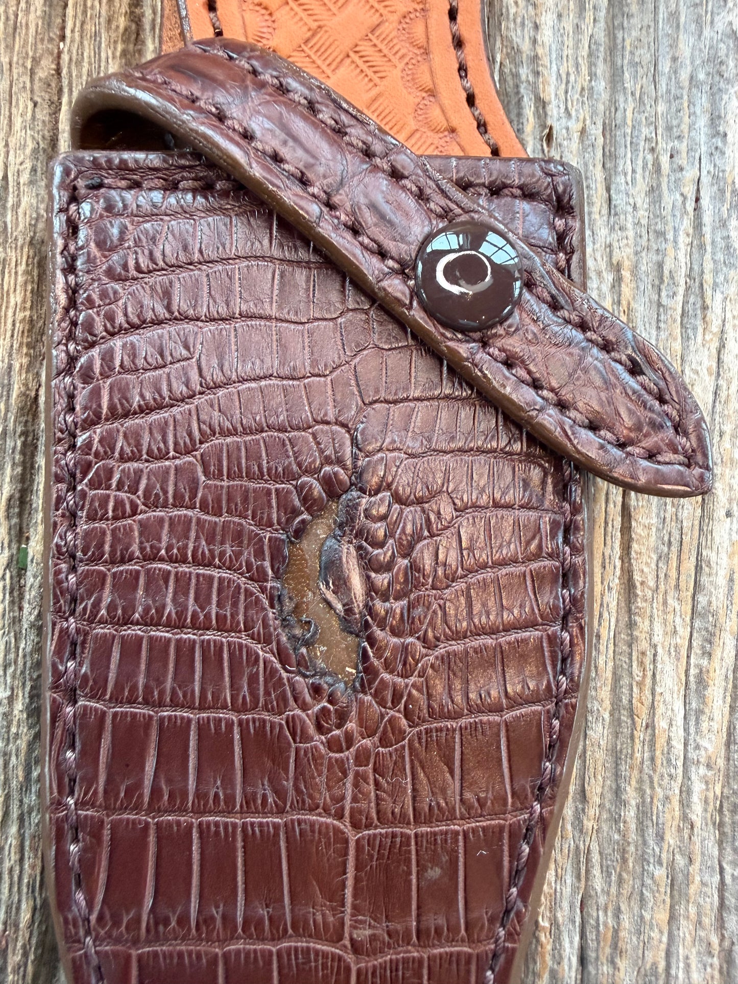 Randall Model 19-5 Exotic Brown Crocodile Anus Sheath from Sullivans by Gutcher.
