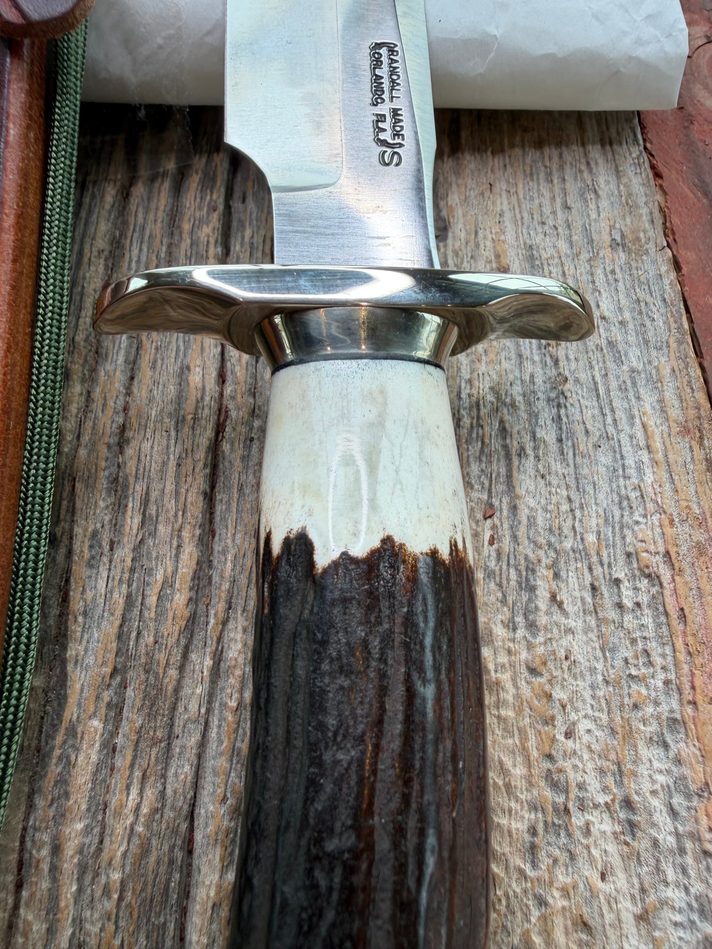 New in Paper Randall Made Knife Model 1-7 Dark Stag , Stainless, Nickel Silver Hilt, Aluminum butt cap. Nickel Silver Collar