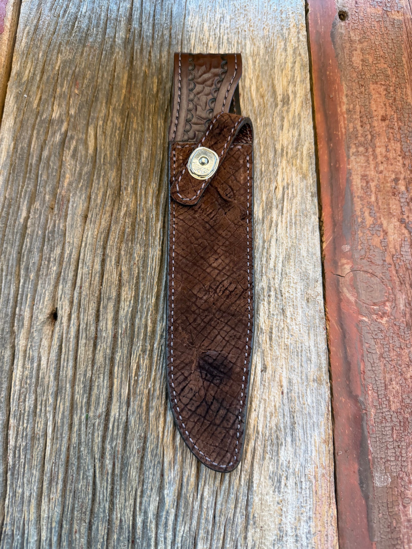 Randall Model 1-8 Sheath in Exotic Sueded Chocolate Brown Hippo by Treeman. Battle scars abound!!