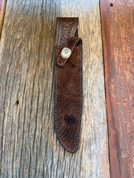 Randall Model 1-8 Sheath in Exotic Sueded Chocolate Brown Hippo by Treeman. Battle scars abound!!