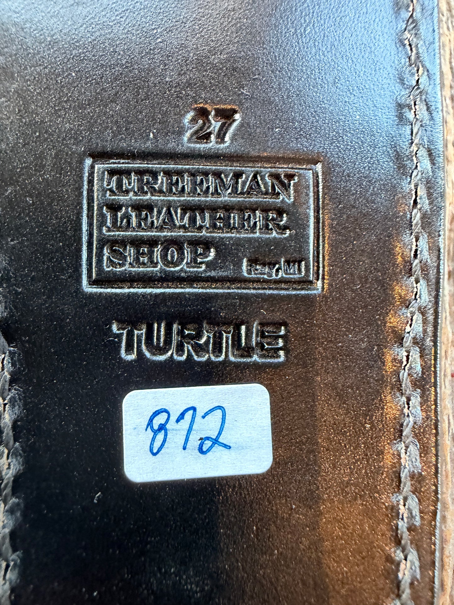 Randall Model 27 Trailblazer in Exotic Black Snapping Turtle Horned/Dragon Tail Sheath from Treeman. New version with a Black Canteen Snap. ( 7 Horned tail)