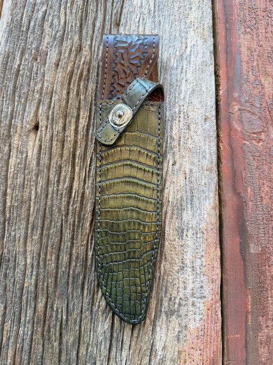 New Randall Model 14 Sheath in Exotic Army Green Crocodile from Treeman.