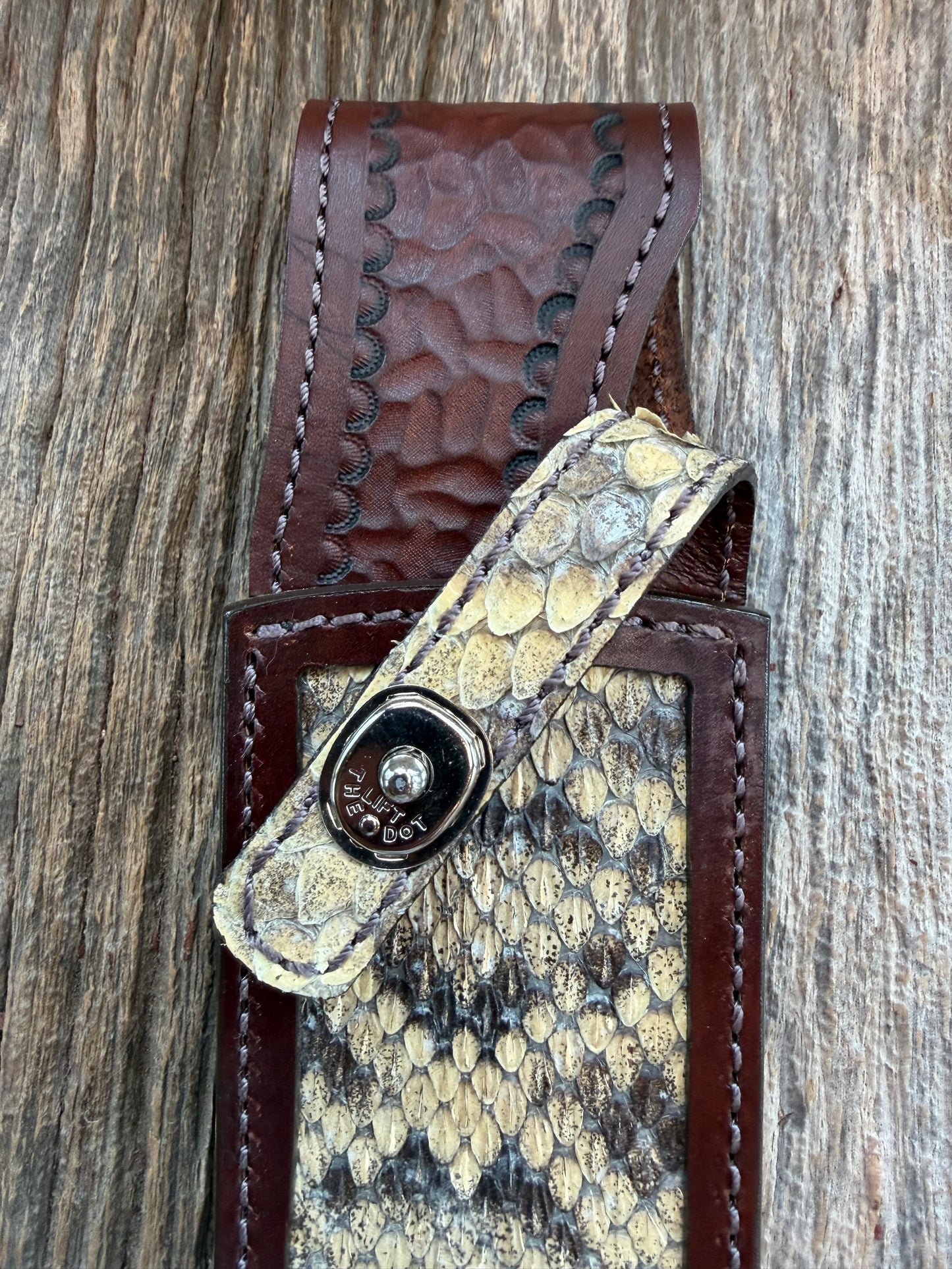 Randall Model 12-8 Big Bear Sheath in Exotic Eastern Diamondback RattleSnake from Treeman Sheaths. Stunning colors on this one.