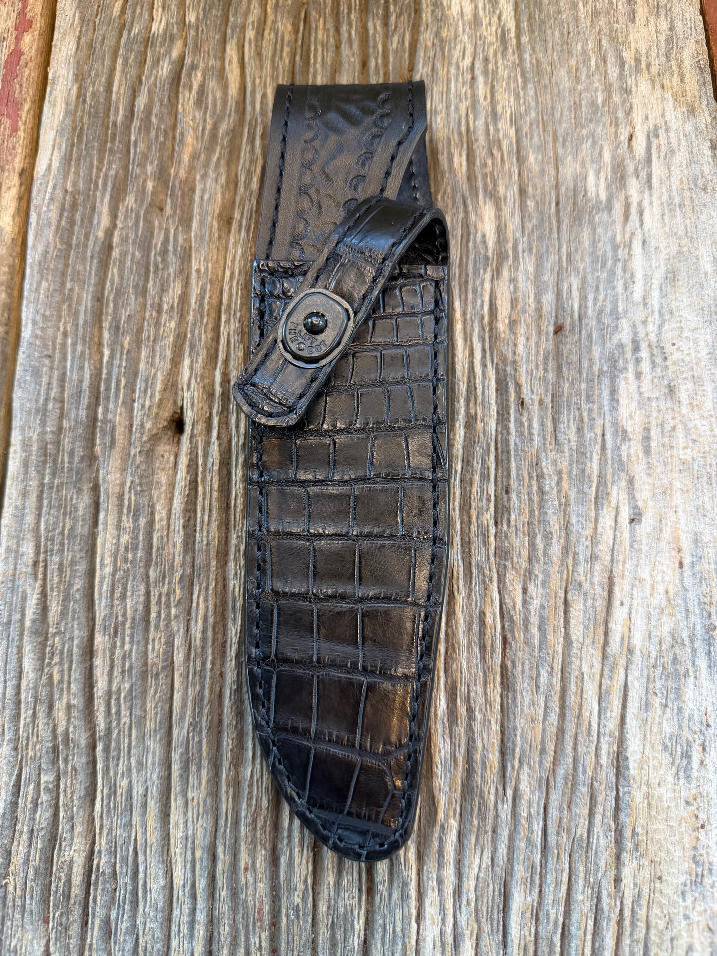 New Randall Model 1-6 Sheath in Exotic Black Crocodile from Treeman. Black canteen Snap .. Johnny Cash Style … All Black.