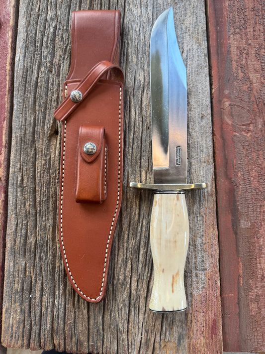 Randall Model 12-9 Clip Point Bowie with a great piece of Creamy Fossil Walrus Ivory Nickel Silver Hilt and Butt plate.
