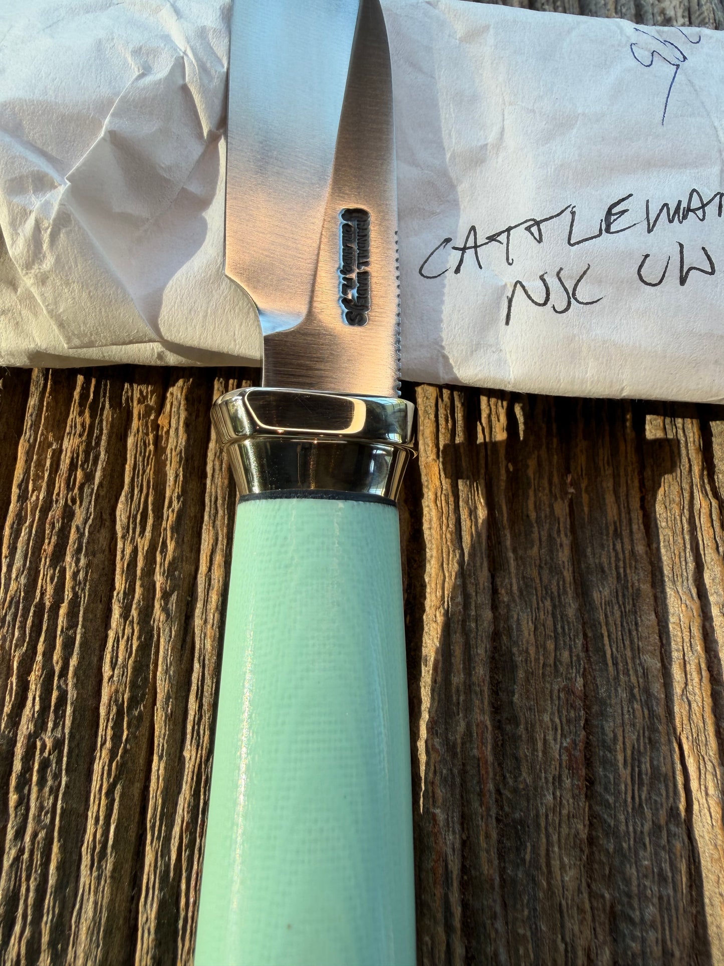 New in Paper Randall Non Catalog Model  Cattleman. G 10 Tiffany handle. Nickel Silver collar, Stainless blade.