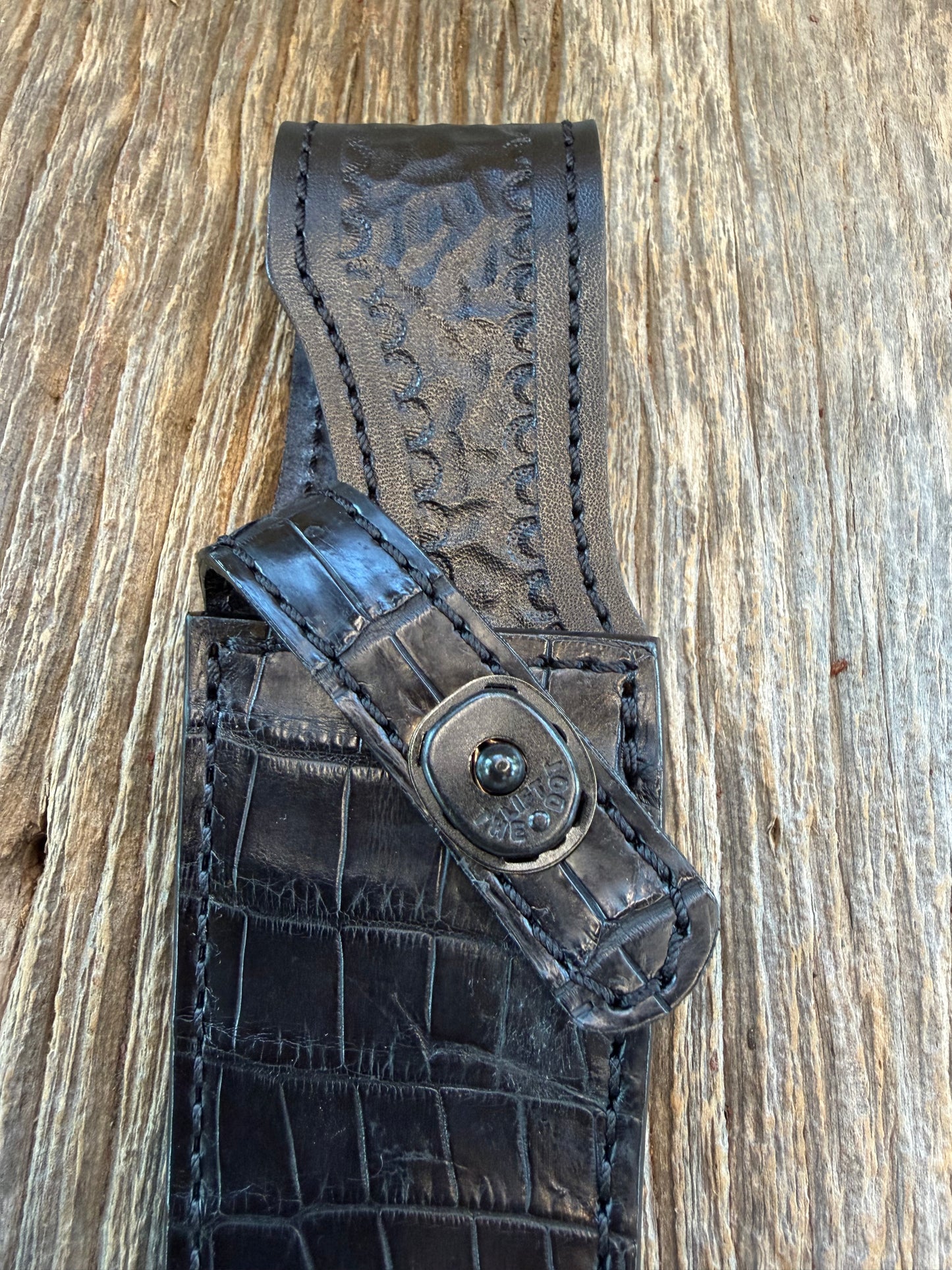 New Randall Model 27 Sheath in Exotic Black Crocodile from Treeman. Black canteen Snap .. Johnny Cash Style … All Black.