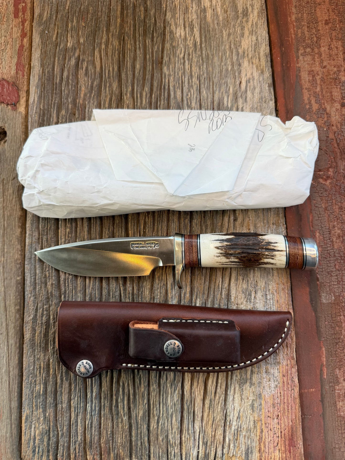 New in paper Randall Knife Model 25-5 Trapper in Stag Leather Handle Stainless Blade, NSH (Copy)