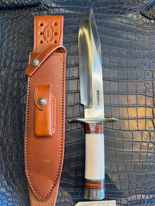 Randall Model 12/9-14 Grind Sportsman Bowie in Elephant Ivory with stacked Leather, Nickel Silver Hilt and Butt cap.