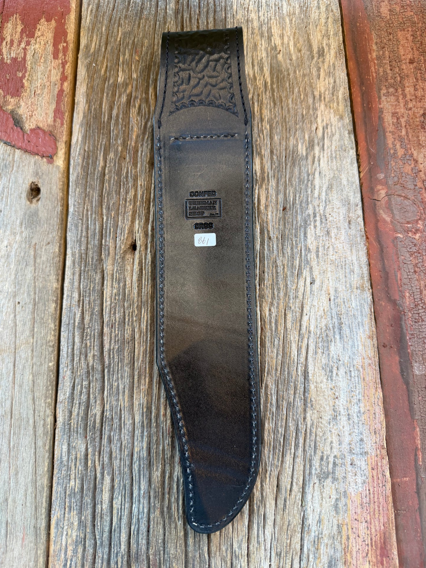 New Randall Model Confederate Sheath in Exotic Black Crocodile from Treeman. Black canteen Snap .. Johnny Cash Style … All Black.