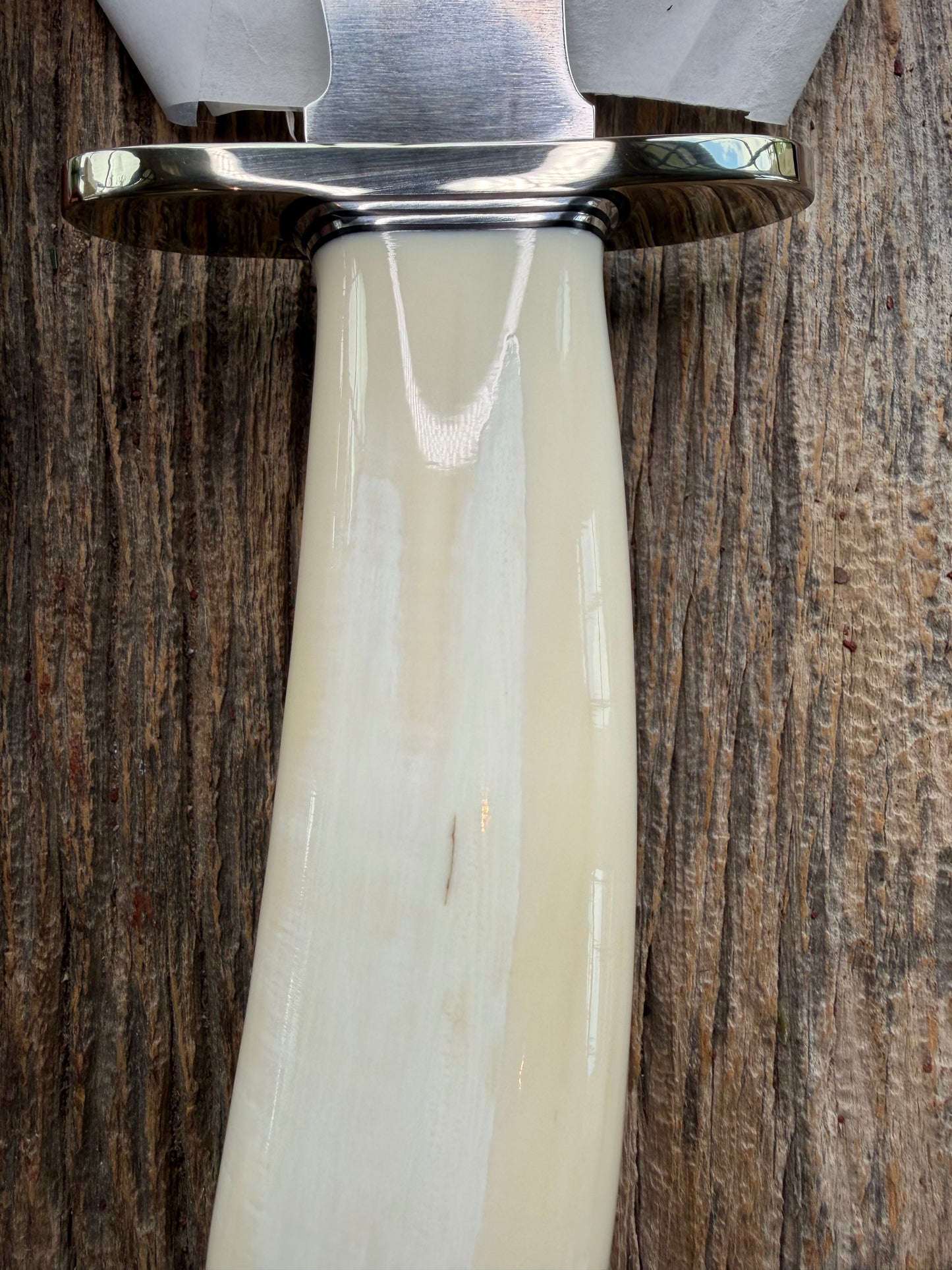 New in paper fresh from the Shop. Randall Knife Model 12-8 Big Bear. Gorgeous piece of creamy Fossil Walrus Ivory. Nickel silver hilt and plate end, Carbon  steel.