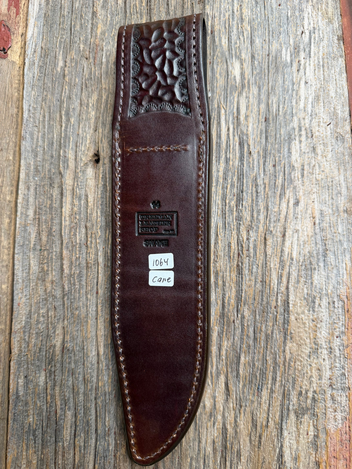 Randall Model 14 sheath with a Canebrake RattleSnake skin from Treeman Sheaths. Vibrant colors and along side Copperheads the hardest skin to source.