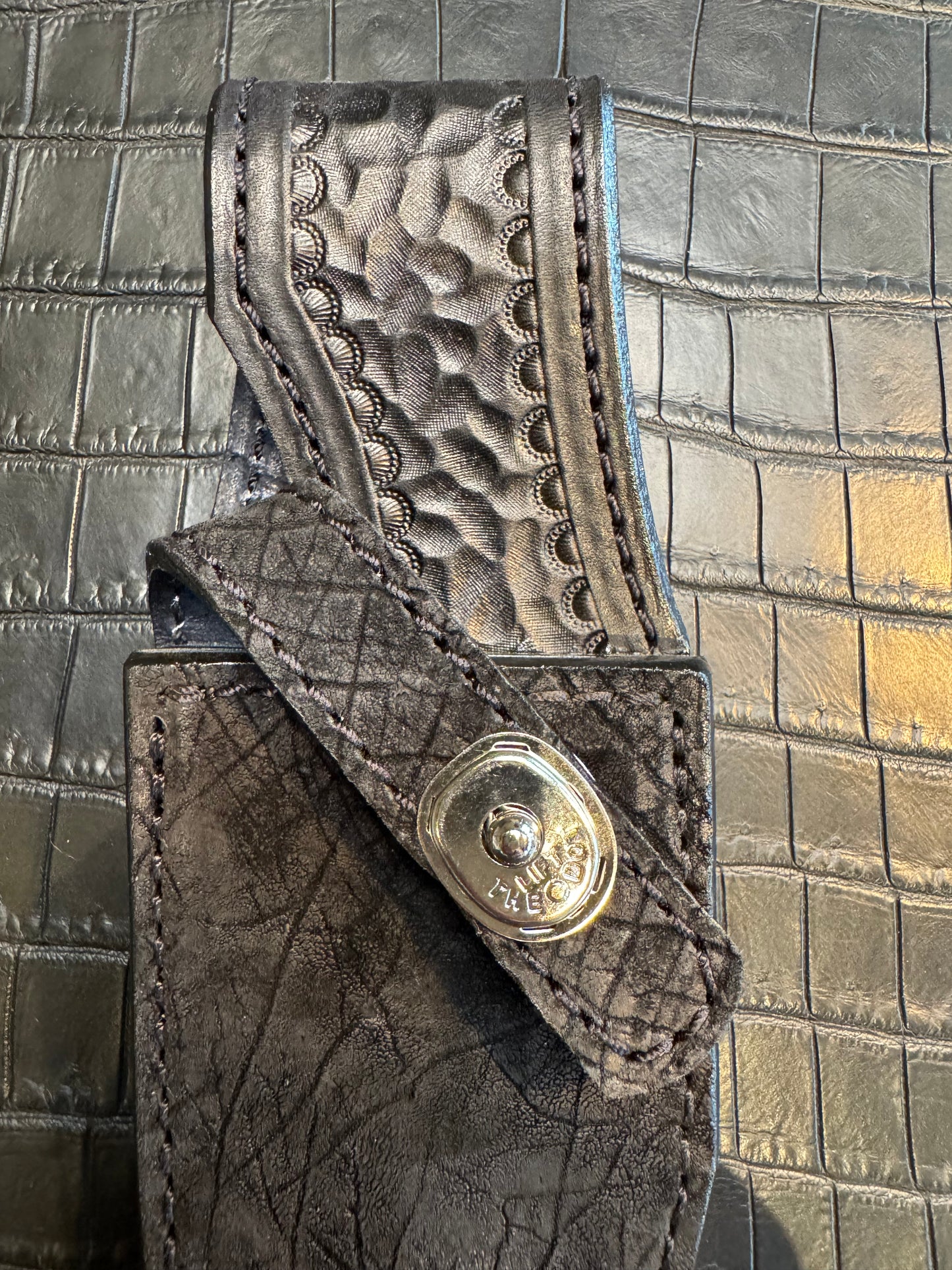 Randall Model 19-5 in Black Hippo Straight hilt, Canteen Snap, full brass stamping and stitching.