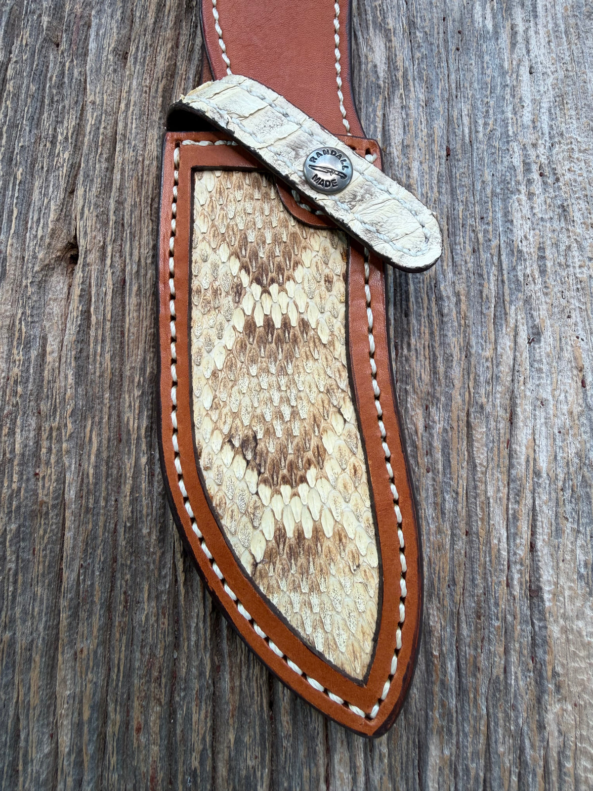 Rare Randall Sullivans by Gutcher Exotic Rattlesnake Knife Sheath for a Bowles Special. Signed by Rick, Randall  Snap and Beautiful Diamond inlay pattern.