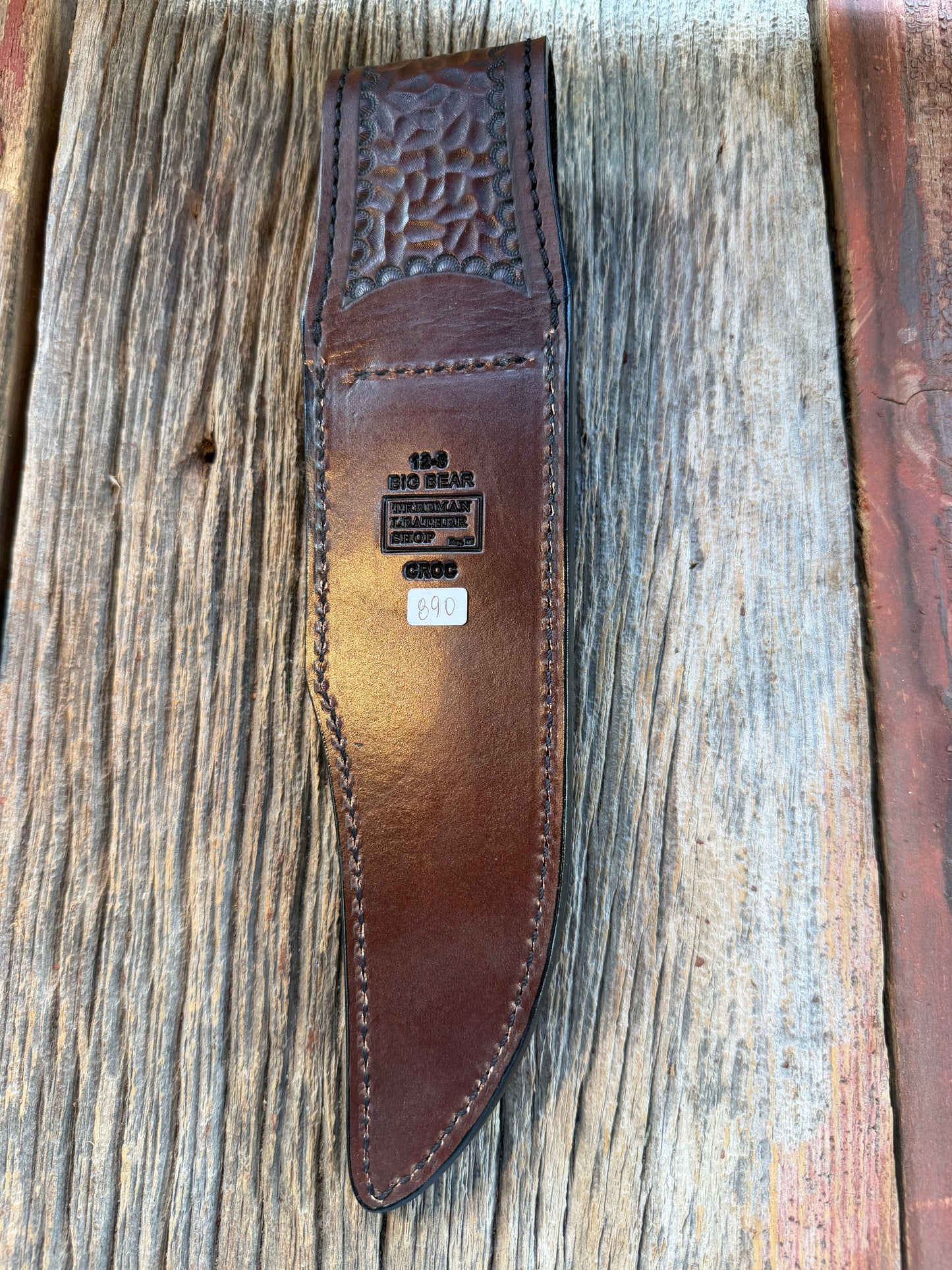 New Randall Model 12-8 Big Bear Sheath in Exotic Dark Brown Sueded Crocodile ( Skull and Hornback) from Treeman with the newest Black Canteen snap.