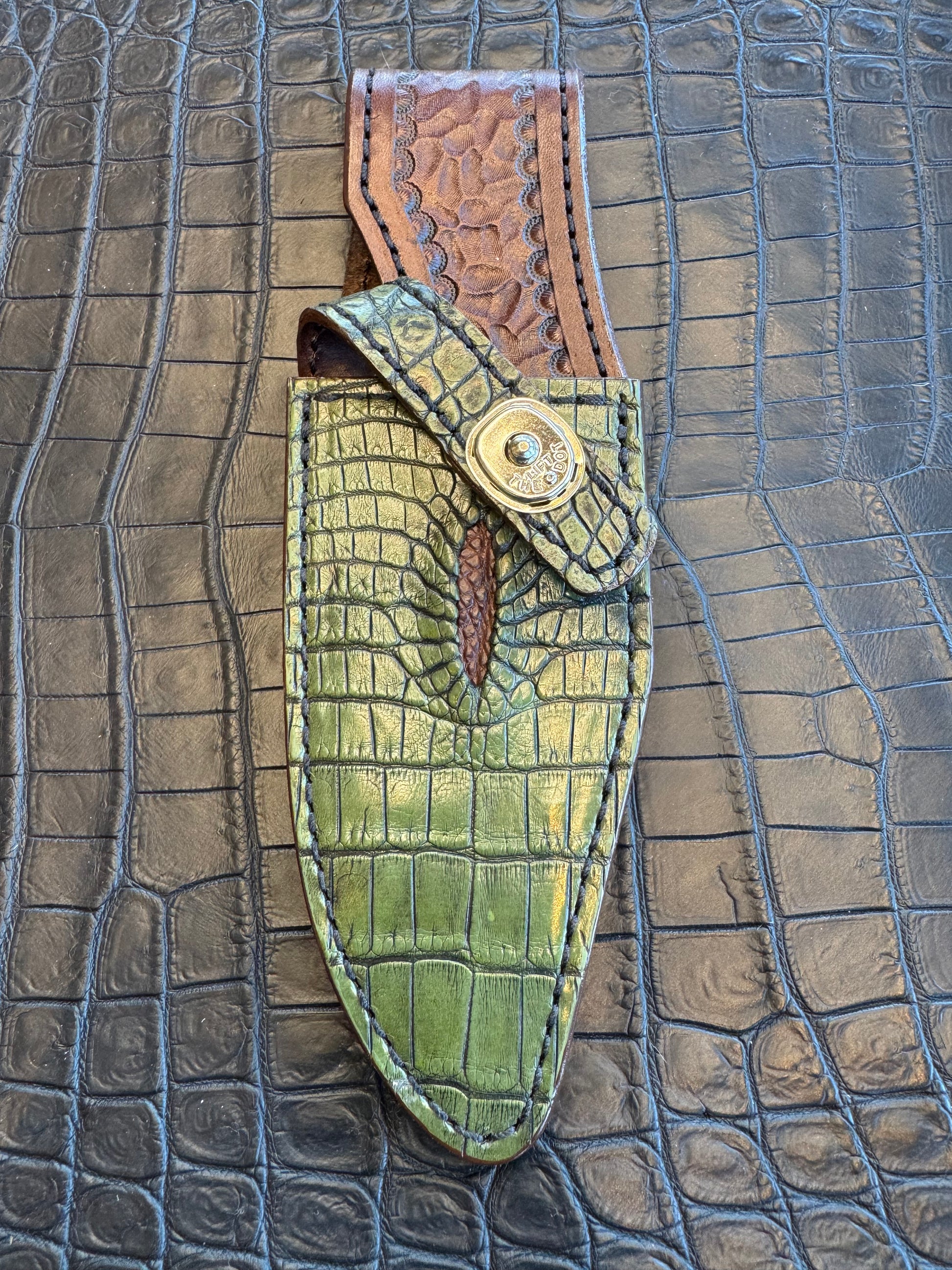 Randall Model 19-5 Exotic Army Green Crocodile Anus Sheath from Treeman.