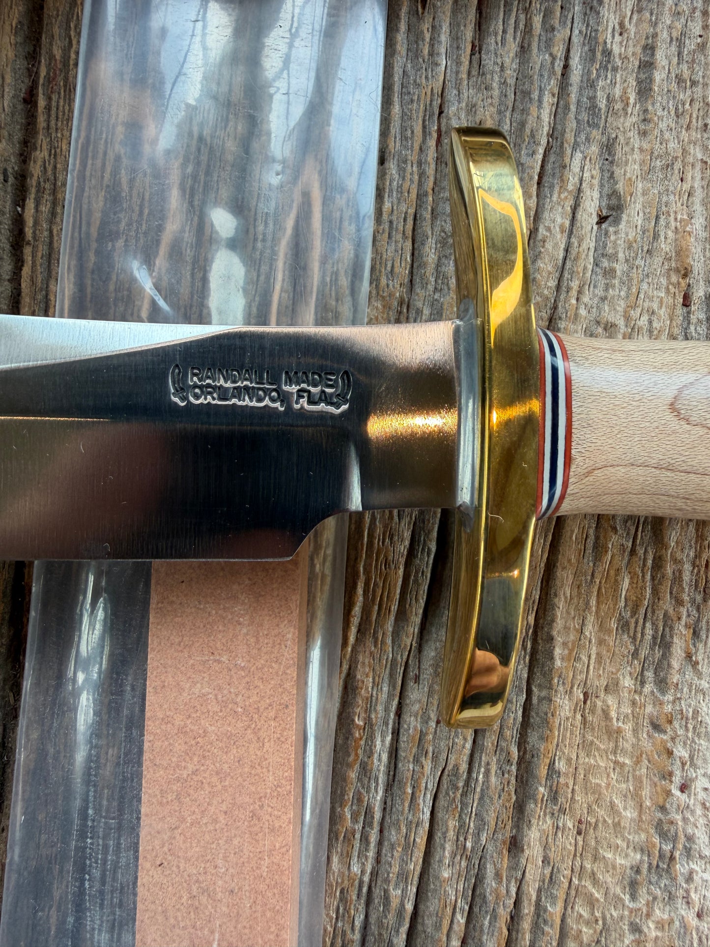 New Paper Randall Made Knife Model 12-6 supplied Maple handle, carbon  blade, brass hilt and rounded butt cap. Red white and blue spacers