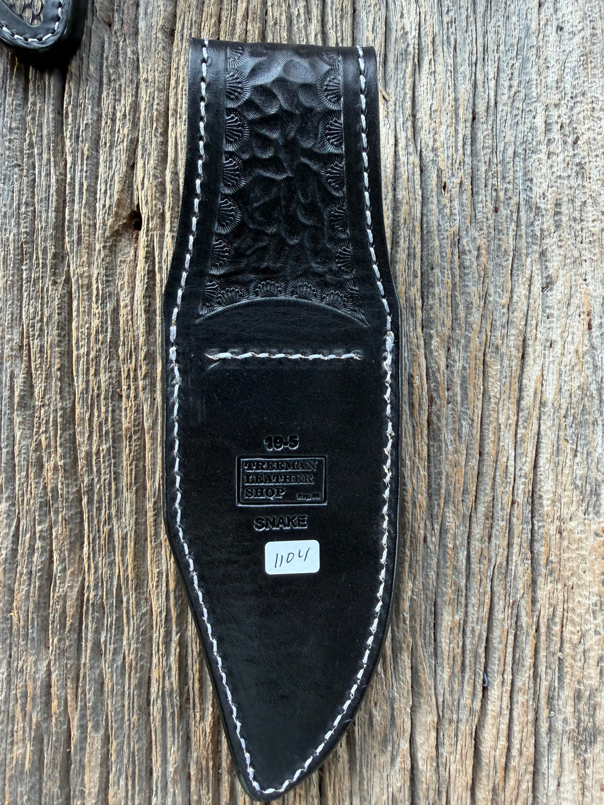 Randall Model 19-5 sheath with inlayed Western Diamondback RattleSnake skin from Treeman Sheaths. Brown leather, white deviated stitching and black canteen snaps.