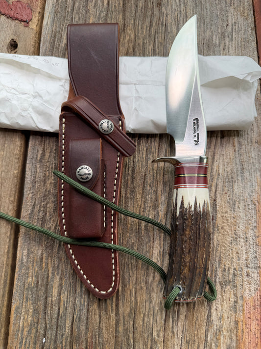 New in Paper Randall Made Knife Model 27-5 with a Stag handle, Stainless, Nickel silver single Hilt, red and aluminum spacers, loaded!!