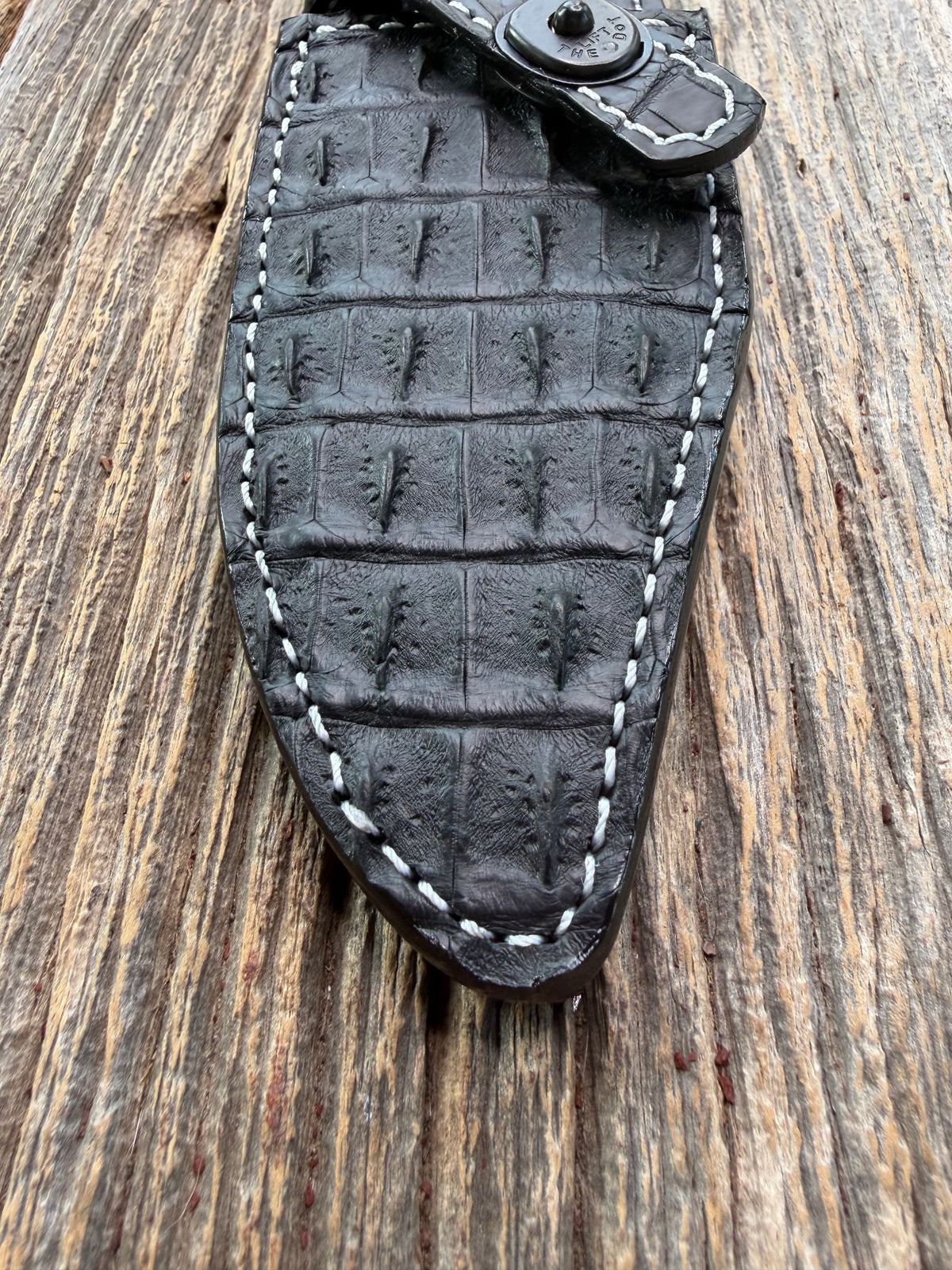 New Randall Model 19-5 Sheath in Exotic Black Matte Crocodile skull from Treeman with a Black Canteen snap. White thread deviated stitching on black leather..Killer sheath.