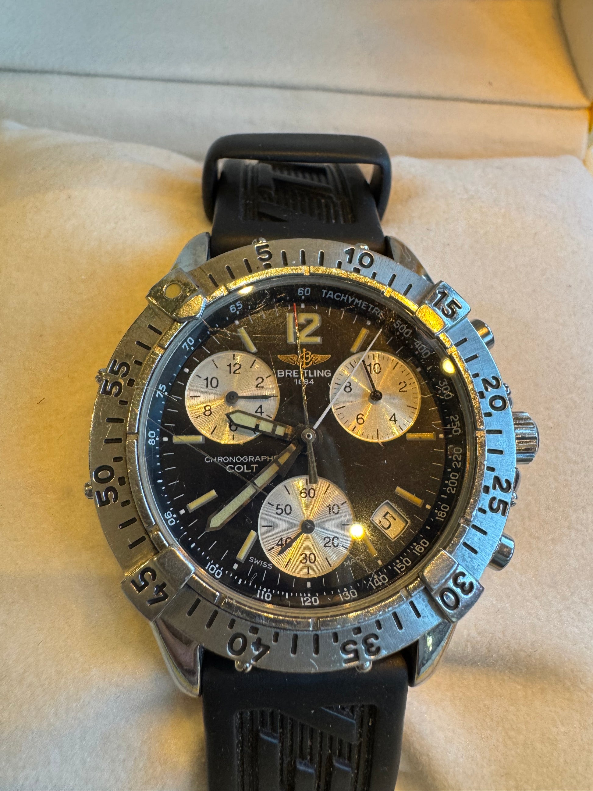 1999 Breitling Colt Chronograph. Black Dial with Breitling rubber divers strap. Ref A53035Box and papers included.