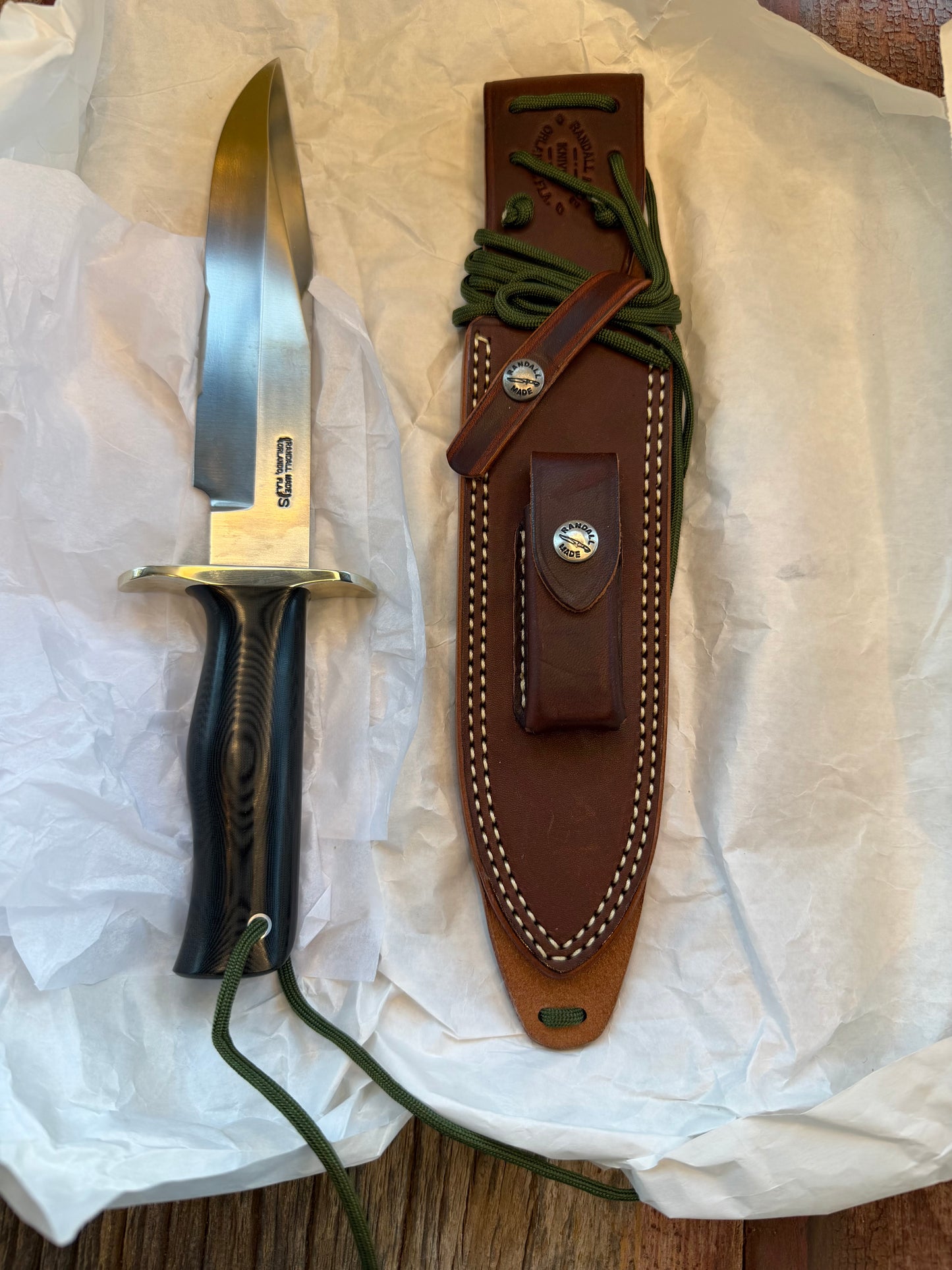 New in Paper Randall Model 14-7.5 in Black Micarta handle, Nickel Silver Hilt, Stainless steel, and Lanyard.