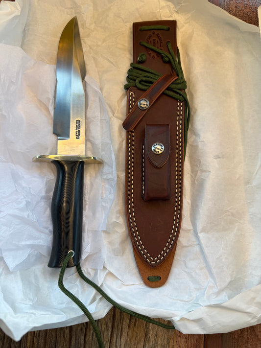 New in Paper Randall Model 14-7.5 in Black Micarta handle, Nickel Silver Hilt, Stainless steel, and Lanyard.